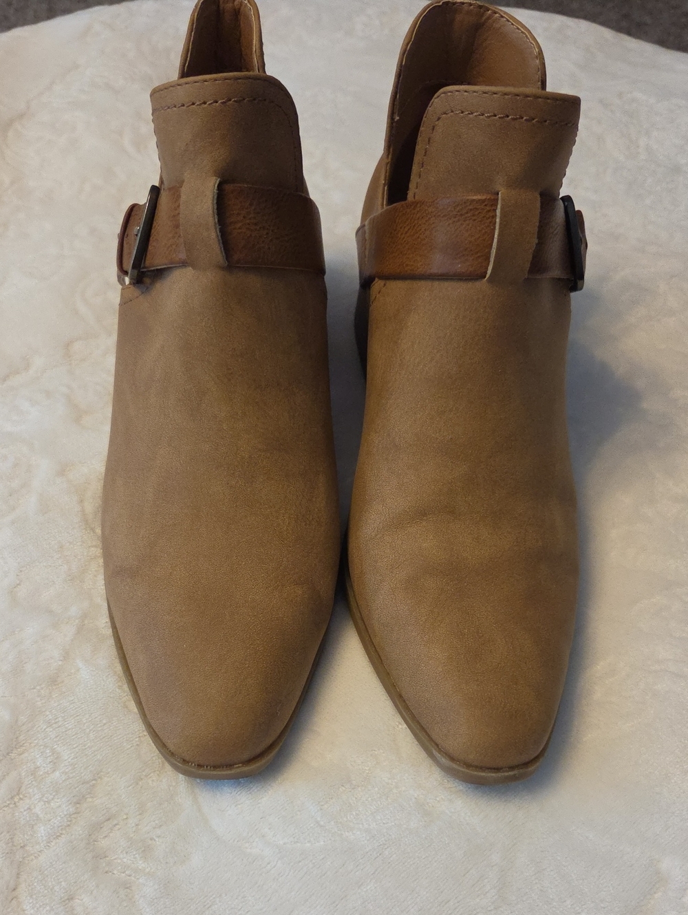 Wonderly Tan Faux-Suede Ankle Booties with Buckle Strap